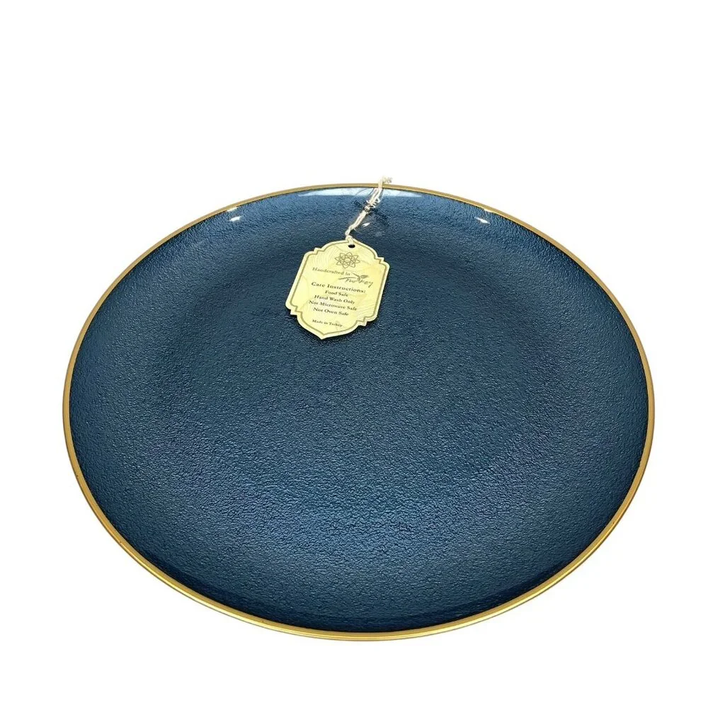 Turkish Glass 4 Charger Plates Set Blue Textured Gold Rim 13